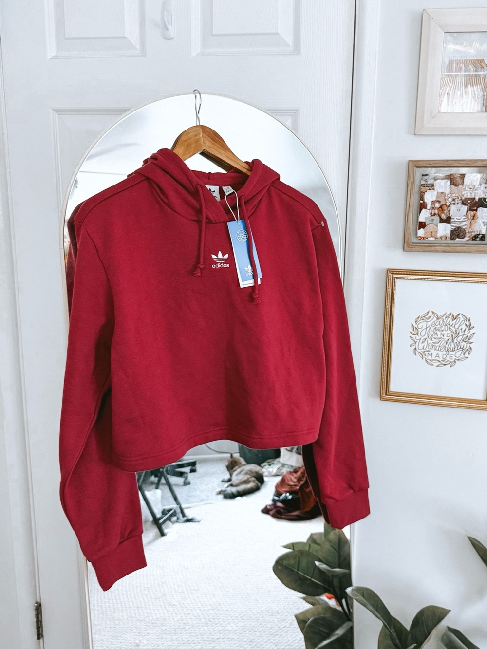 Adidas Maroon Pink Cropped Hoodie Sweatshirt NWT